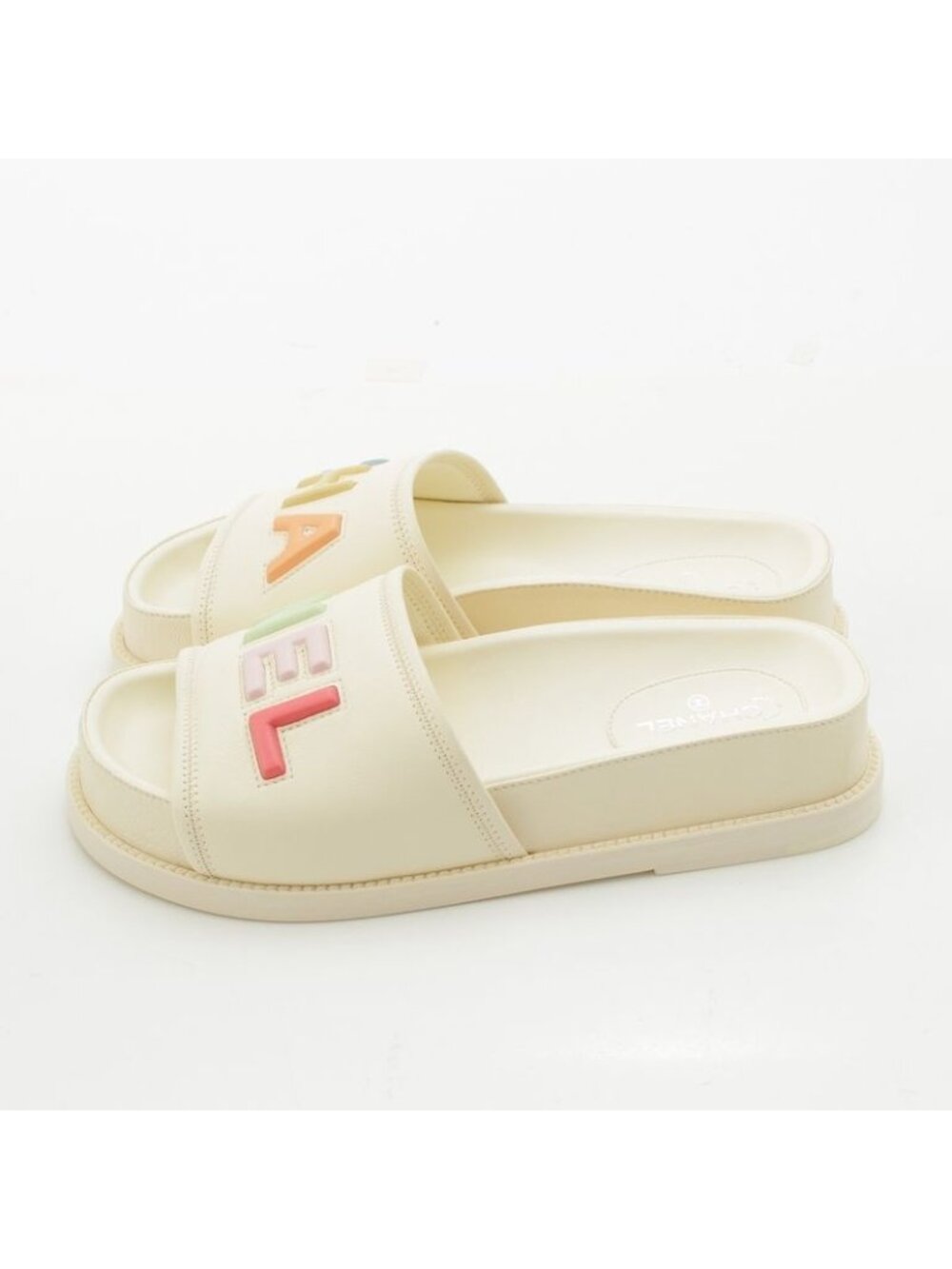 Chanel Lambskin Leather Logo Flat Sandals Mule Ivory Multicolor 37 - Picture 3 of 10